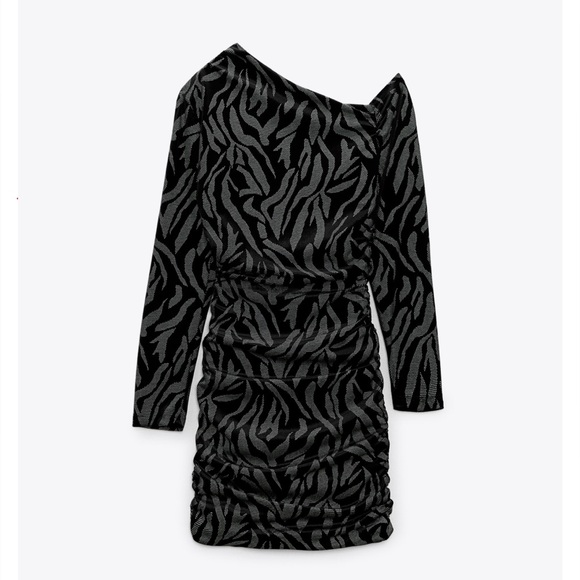 ZARA BLACK & SILVER ONE SHOULDER VELVET MINI DRESS SMALL NWT - Picture 8 of 14